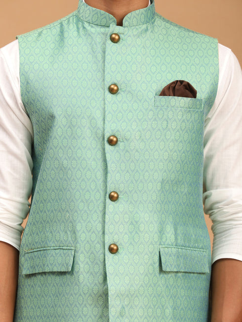 Men's Green Jacquard Nehru Jacket With Kurta Pyjama Set